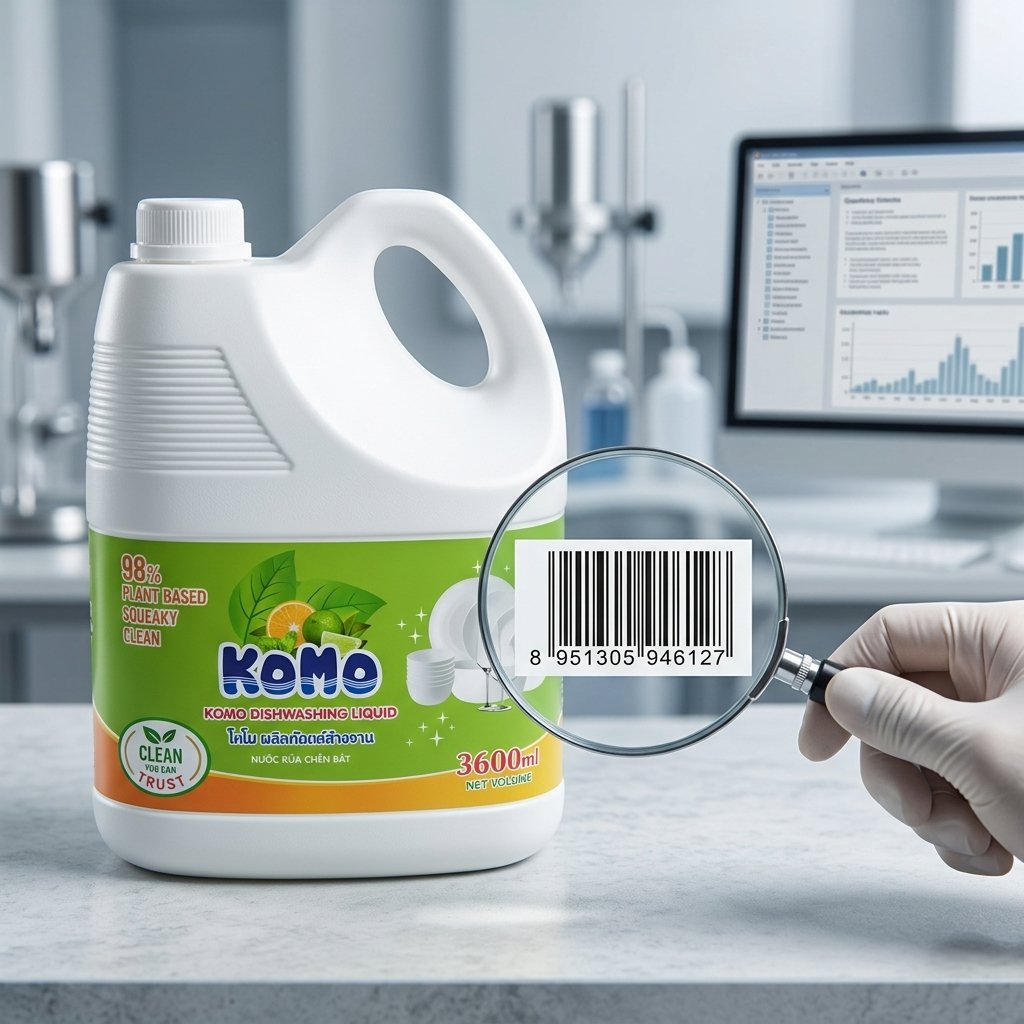 Trọn bộ tư liệu pháp lý gồm Test COA, công bố TCCS và Mã vạch GS1 tiêu chuẩn dán trên can nước giặt