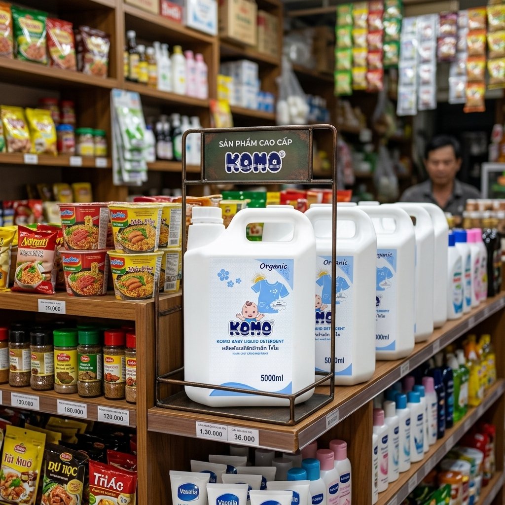 Phủ kệ và hàng loạt can nước giặt tại một điểm Tạp hóa GT địa phương chuẩn B2B