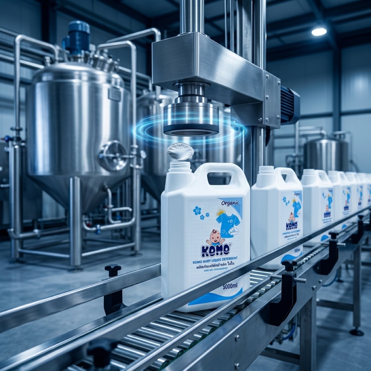 Dây chuyền seal nhôm cảm ứng điện từ đóng gói can nước giặt tại nhà máy KOMO