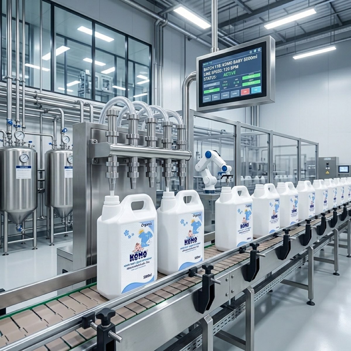 Dây chuyền sản xuất tự động tại nhà máy gia công nước giặt Hà Nội của KOMO